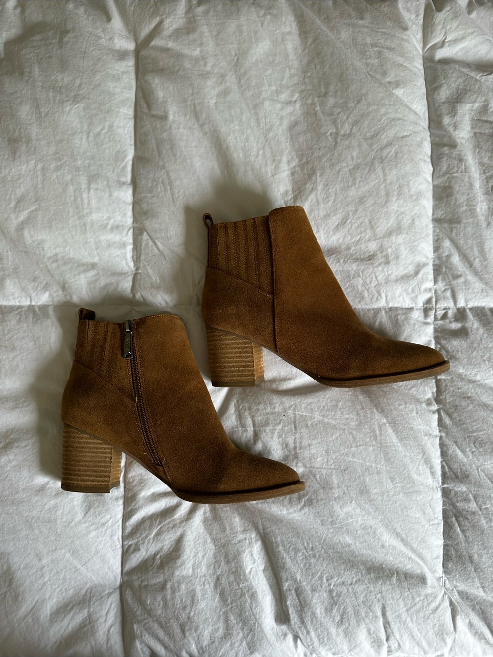 Blondo Cognac Suede Stacked Heel Ankle Booties